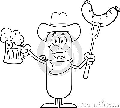 Black And White Cowboy Sausage Cartoon Character Holding A Beer And Weenie On A Fork Vector Illustration