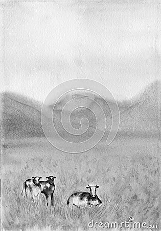 Black and white cows in a grassy meadow in The Netherlands. Rural Landscape with Pasturing Cows. Dairy animals at field. Cartoon Illustration