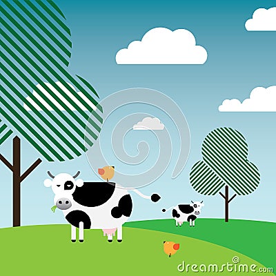 Black and white cows grazing in pasture Vector Illustration