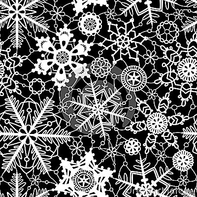 Black and white crochet snowflakes seamless pattern, vector Vector Illustration