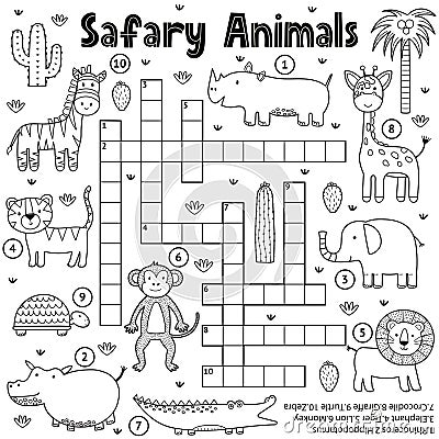 Black and white crossword game for kids with safari animals Vector Illustration