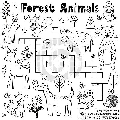 Black and white crossword for kids with forest animals. Woodland coloring page Vector Illustration