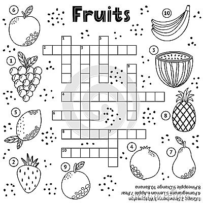 Black and white crossword puzzle game with fruits for kids Vector Illustration