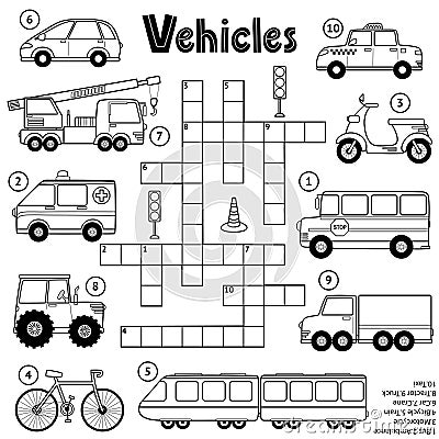 Black and white crossword puzzle game for kids about transport Vector Illustration