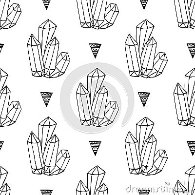 Black and white crystals minerals rocks hand drawn vector seamless pattern. Triangle hipster background with jewel Vector Illustration