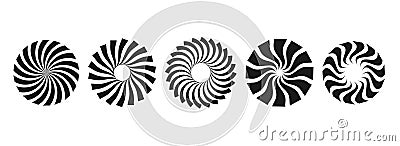 Black and white curl sunburst circles collection. Stylized radial spinning elements. Geometric round twisted rays, beams Vector Illustration