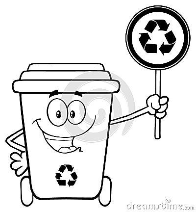 Black And White Cute Recycle Bin Cartoon Mascot Character Holding A Recycle Sign Vector Illustration