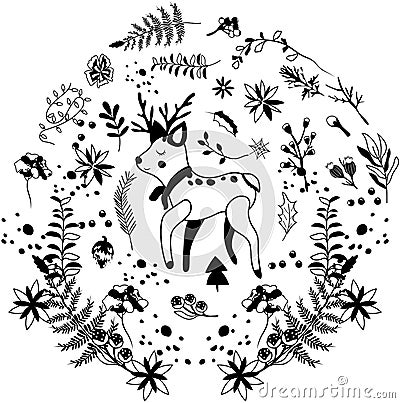 Black and white a cute reindeer in a scarf in a winter wreath, winter berries and leaves, garland and other Vector Illustration