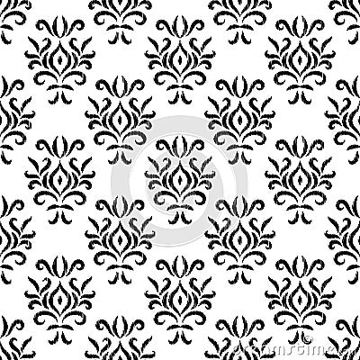 Black and white damask ikat ornament geometric floral seamless pattern, vector Vector Illustration