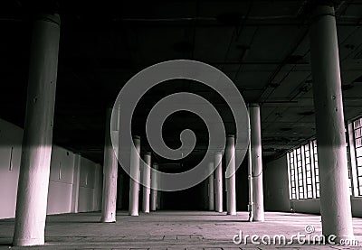 Black and white dark pathway inside an industrial building Stock Photo