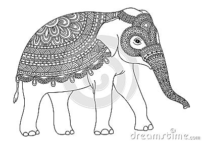 Black and white decorative elephant. Vector Illustration