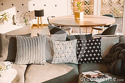 Black and white decorative pillows on a gray sofa in a sunlit li Stock Photo