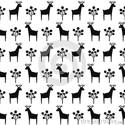 Black and white deer with berry seamless pattern. Vector Illustration