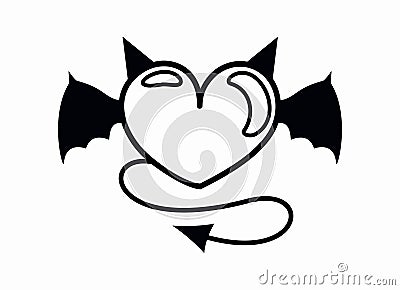 Black and white devil heart with horns, tail and wings isolated on a white background Vector Illustration