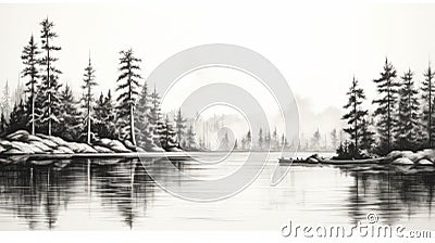 Serene Black And White Pencil Drawing Of Pine Trees Along Water Stock Photo