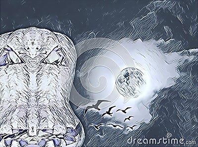 Digital art picture of bright supermoon in night dramatic clouds with horror flaming face of halloween pumpkin Stock Photo