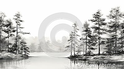 Serene Black And White Pine Tree Sketch On Water Stock Photo