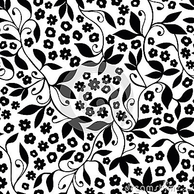 Black and white ditsy floral with tendril seamless vector pattern background for fabric, scrapbooking projects Vector Illustration