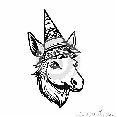 Black And White Donkey Drawing With Witch's Hat - Decorative Elements Stock Photo