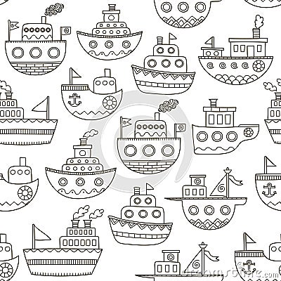 Black and white doodle boats seamless pattern Vector Illustration