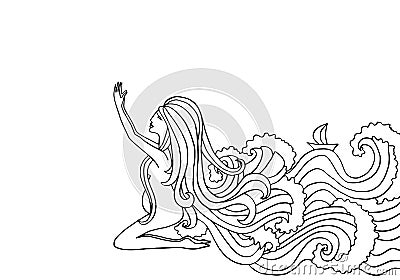 Black and white doodle illustration. Pregnant woman praying. Girl with water instead of hair Vector Illustration