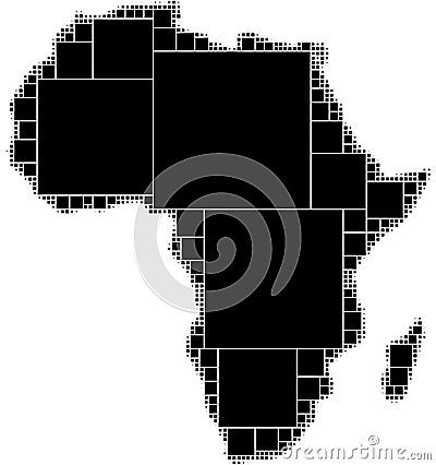 Black and white dotted map of Africa consisting of smoothly decreasing squares of the maximum size inscribed into the form. Stock Photo