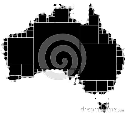 Black and white dotted map of Australia. Consisting of smoothly decreasing squares of the maximum size inscribed into the form. Stock Photo