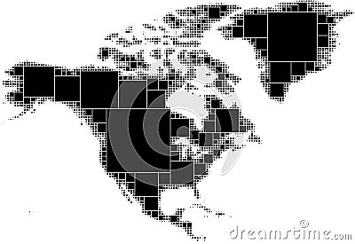 Black and white dotted map of North America. Ð¡onsisting of smoothly decreasing squares of the maximum size inscribed into the Stock Photo