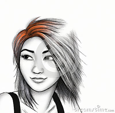 A Black and White Drawing of an Asian Girl with Short Copper Straight Hair Vector Illustration