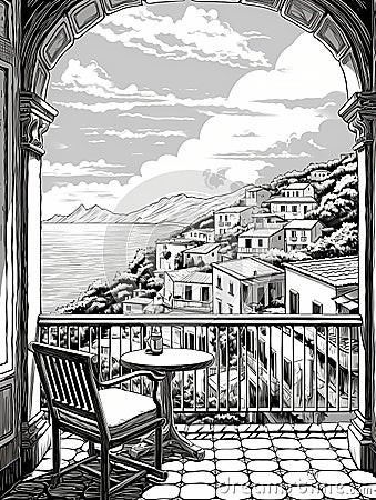 A Black And White Drawing Of A Balcony Overlooking A Town, Beautiful view from the balcony on the Italian coast Stock Photo