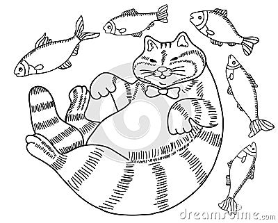 Black and white drawing of a cat - a fat happy well fed cat surrounded by fish, doodle Vector Illustration