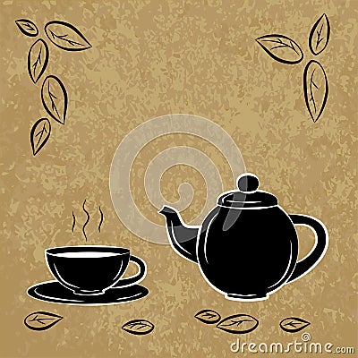 Black And White Drawing Of Cup And Teapot. Silhouette Of A Cup Of Tea And Teapot. Vector Illustration