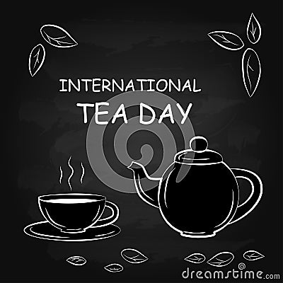 Black And White Drawing Of Cup And Teapot. Silhouette Of A Cup Of Tea And Teapot. Vector Illustration