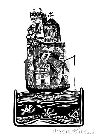 The floating houses Cartoon Illustration