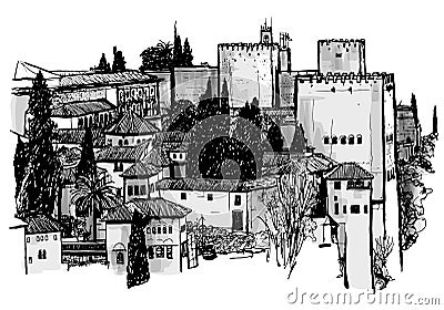 Black and white drawing of Granada in Spain Vector Illustration