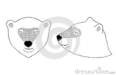 Black and white drawing of the head of a bear in the front and profile. Vector Illustration