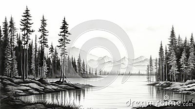 Romantic Black And White Mountain Sketch With Pine Trees Cartoon Illustration