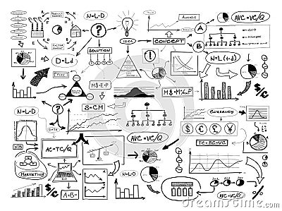 Black and white drawing of many different business elements. Fin Stock Photo