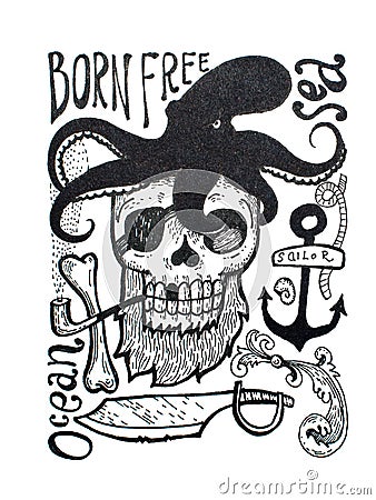 Black-and-white drawing of pirates attributes composition: skull, beard, eye patch, octopus, anchor, pipe, axe and Stock Photo