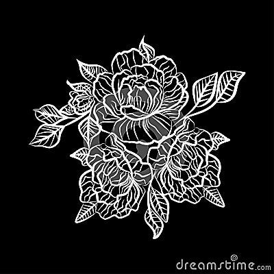 Black and white drawing of a rose tattoo. Silhouette of branch with flowers of roses and leaves Vector Illustration