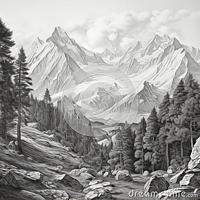 Realistic Black And White Drawing Of Austrian Alps: Detailed And Intricate Cartoon Illustration
