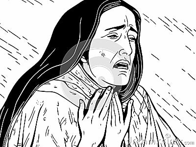 A Black And White Drawing Of A Woman With Her Hands In Her Mouth - A woman puts her hand on her chest and looks up cryin Vector Illustration