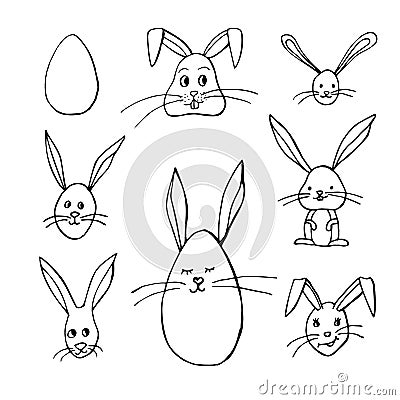 Black and white easter bunnys illustrations Vector Illustration