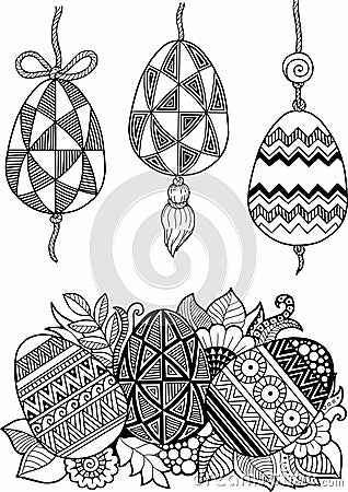 Black-and-white Easter eggs isolated on white. Abstract background made of flowers and Easter eggs. Vector Illustration