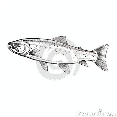 Trout Line Drawing On White Background - Detailed And Scientific Illustration Cartoon Illustration