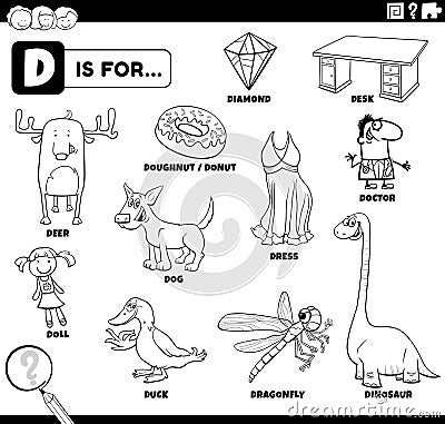 Letter d words educational set coloring book page Vector Illustration