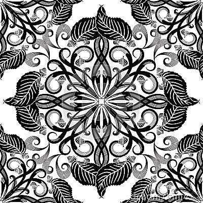 Black and white elegance floral seamless pattern. Vintage orname Vector Illustration