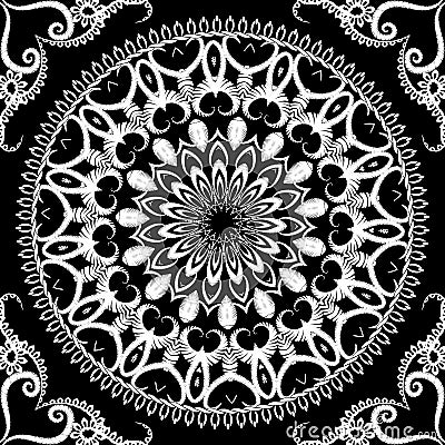 Black and white embroidery floral seamless mandala pattern. Tapestry ornamental background. Ornate ethnic style hand drawn grunge Vector Illustration
