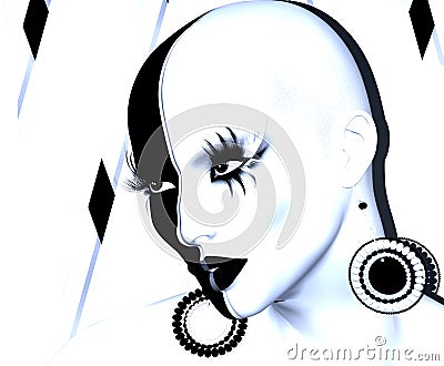 Black and white face close up with fashion makeup, long eyelashes, body paint Cartoon Illustration