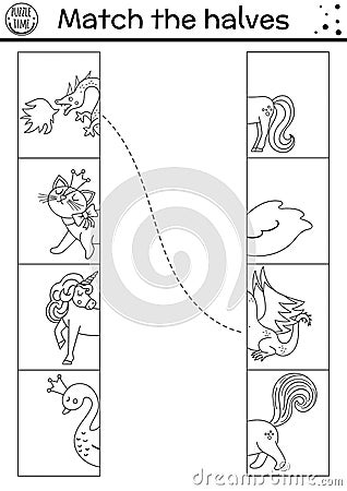 Black and white fairytale connect the halves worksheet. Matching game for preschool children with fantasy creatures. Match heads Vector Illustration